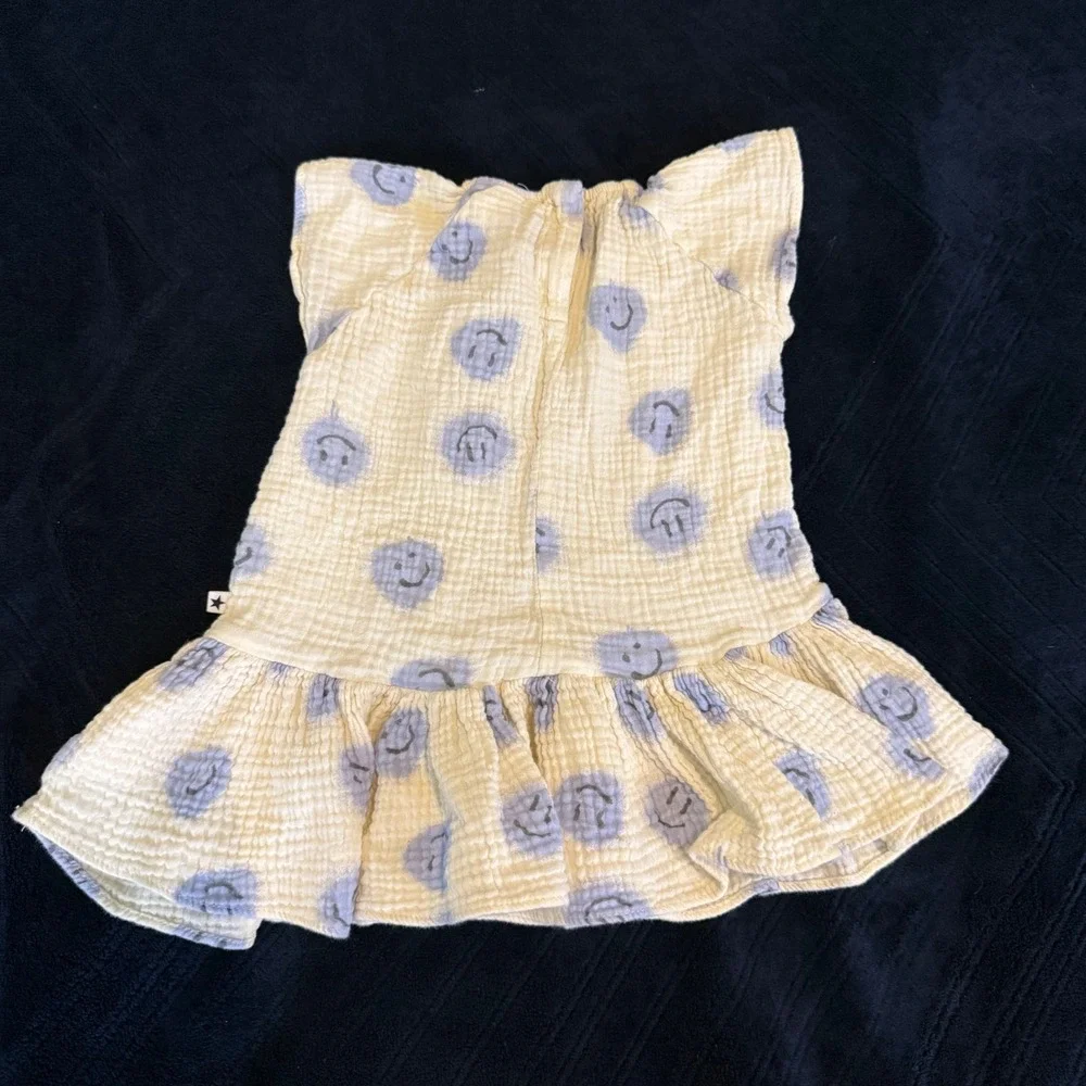 Molo Carolina Smiley Face Cotton Gauze Dress‎ Off-White Blue Kids Size 80